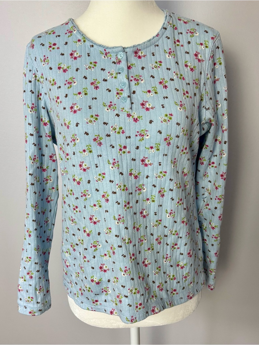 Vintage Basic Editions Light Blue Floral Ribbed Long-Sleeve Henley